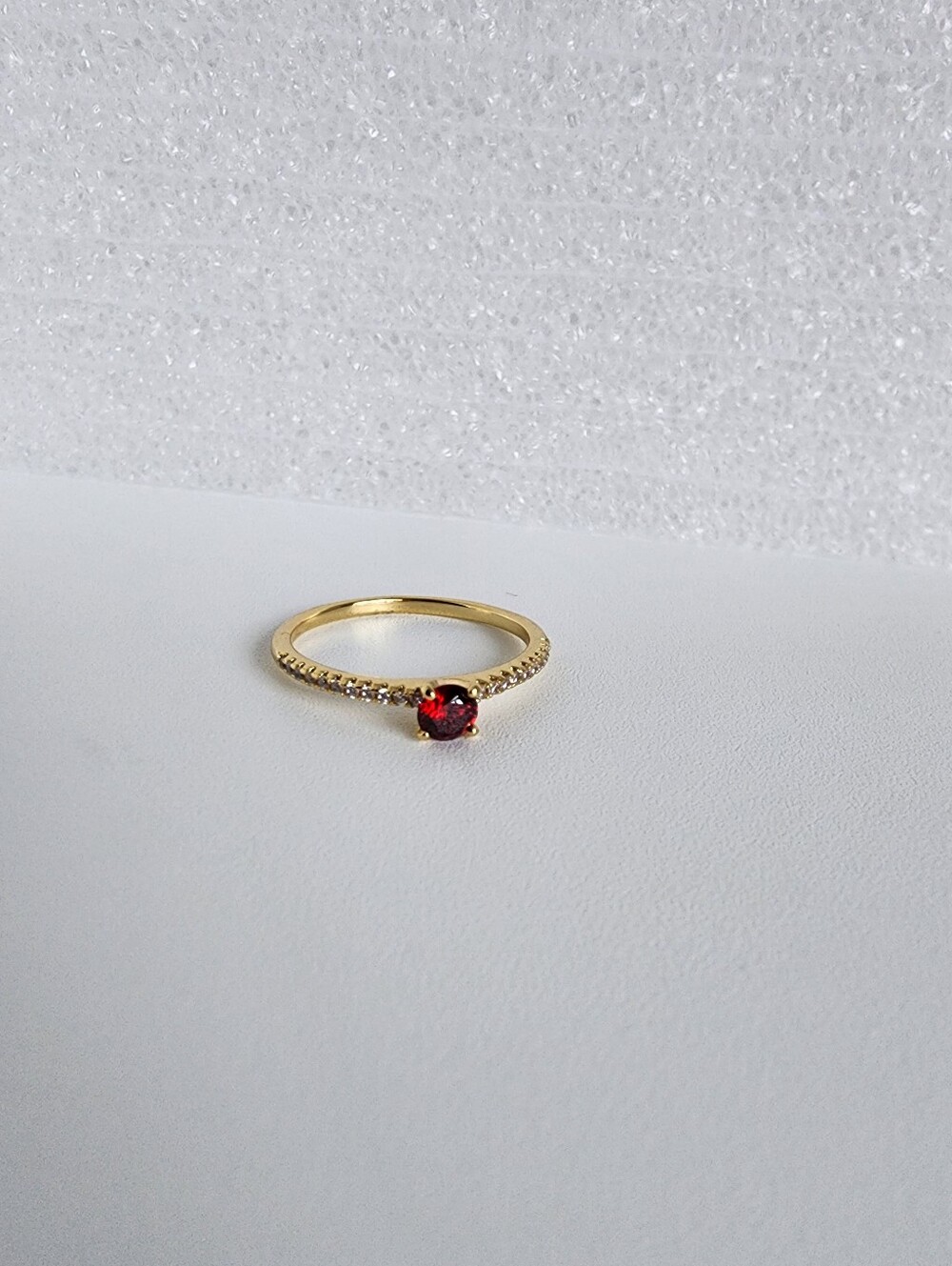 Gold Plated Garnet Red Solitaire Ring CZ Pave Band Dainty Stackable Size 7 - Picture 5 of 5